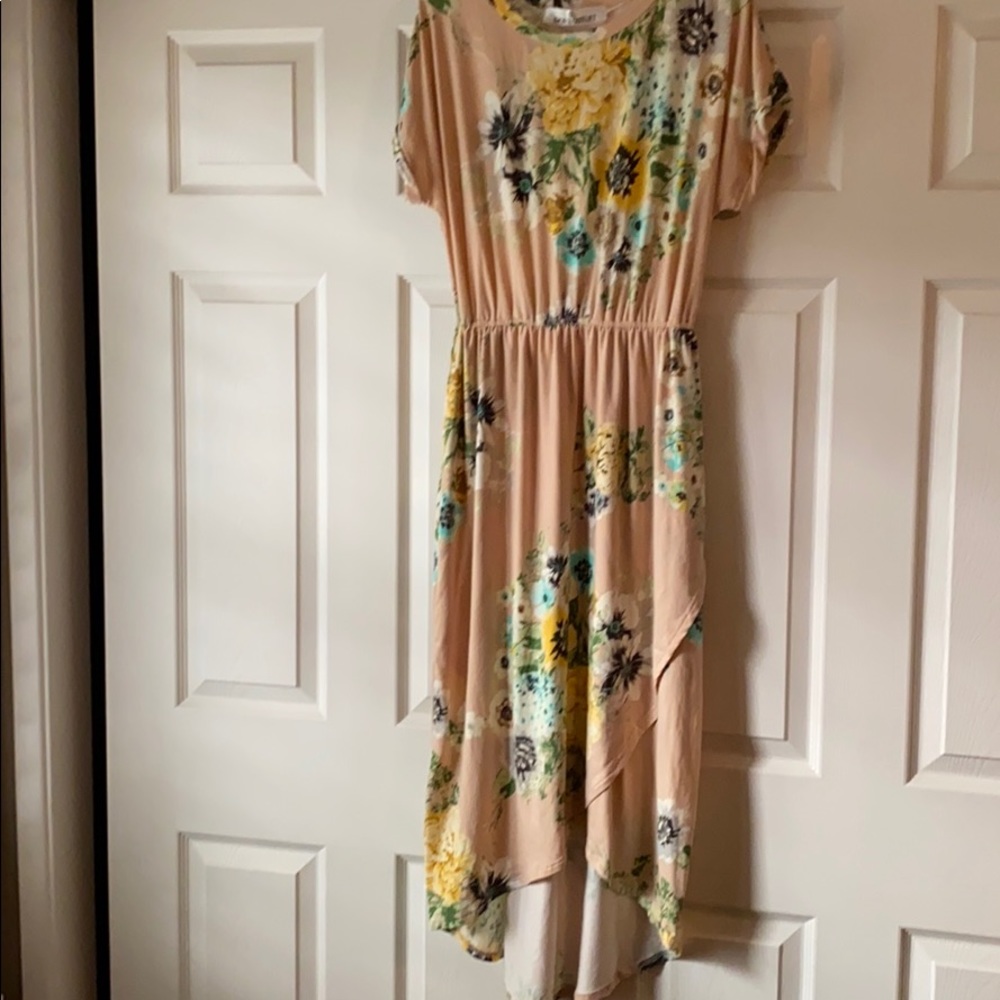Midi peach/pink floral faux wrap dress